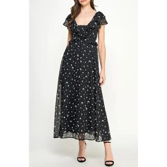 Koko + Mason Dresses & Skirts - Koko + Mason Women's Black White Floral Ruffle Sleeveless Maxi Dress Size Large